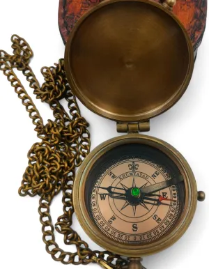 Handmade Brass Pocket Compass Fully Functional Antique Nautical Replica with Leather Case