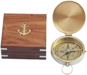 Handmade Maritime Directional Compass Nautical Solid Brass Gentlemen's Compass with Rosewood Box, 4", Brass by New Lite Hub. Gold