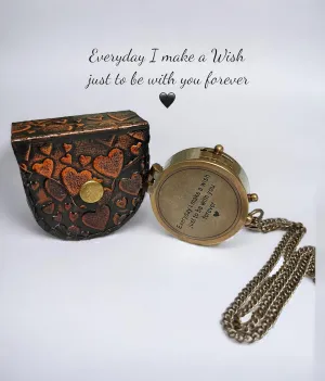 Handmade Nautical Solid Brass Directional Magnetic Compass on Chain, Antique Vintage Design with Engraved Inspirational Quote and Heart Leather Case