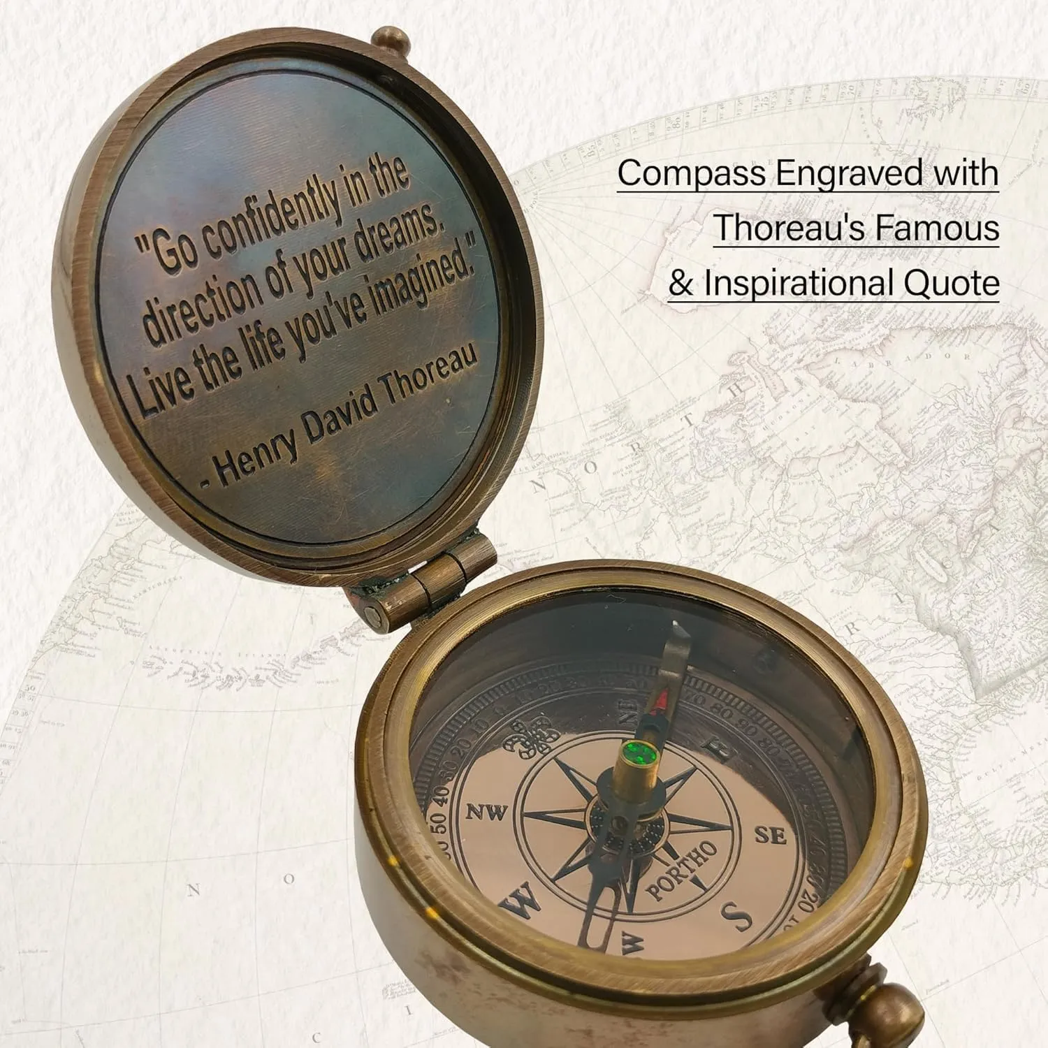 Handmade Studio Thoreau's Go Confidently Embossed Solid Brass Compass with Leather Case – Magnetic Navigation Compass with Scout Oath Inscribed, Timeless Travel Essential