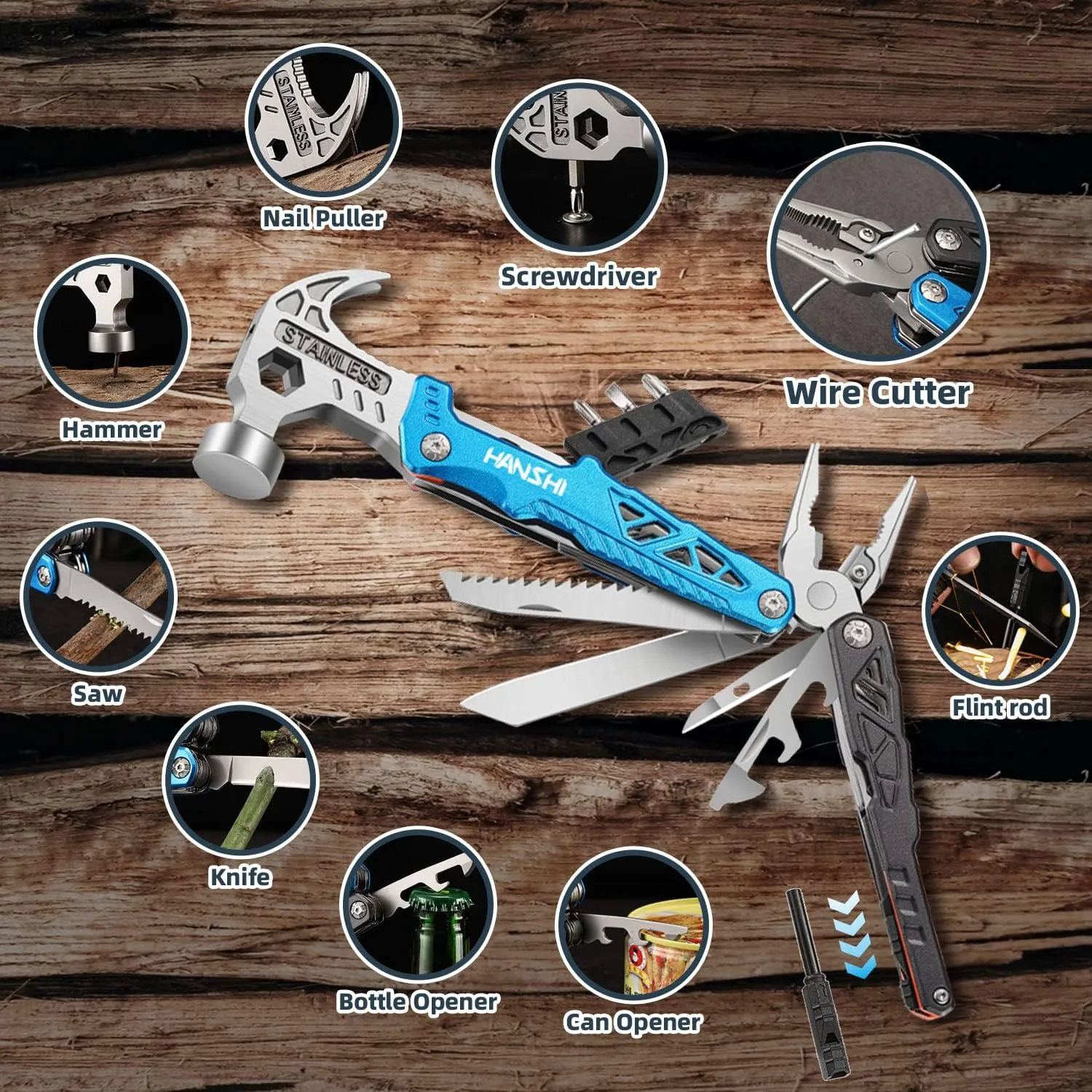 HANSHI Replaceable Wire Cutter Hammer Multitool with Nylon Sheath for Outdoor,Camping,Survival,Hiking,17 In 1 Pocket Multi Tool with Spring-Action Plier,Knife,Flint Rod,Safty Whistle for Gift