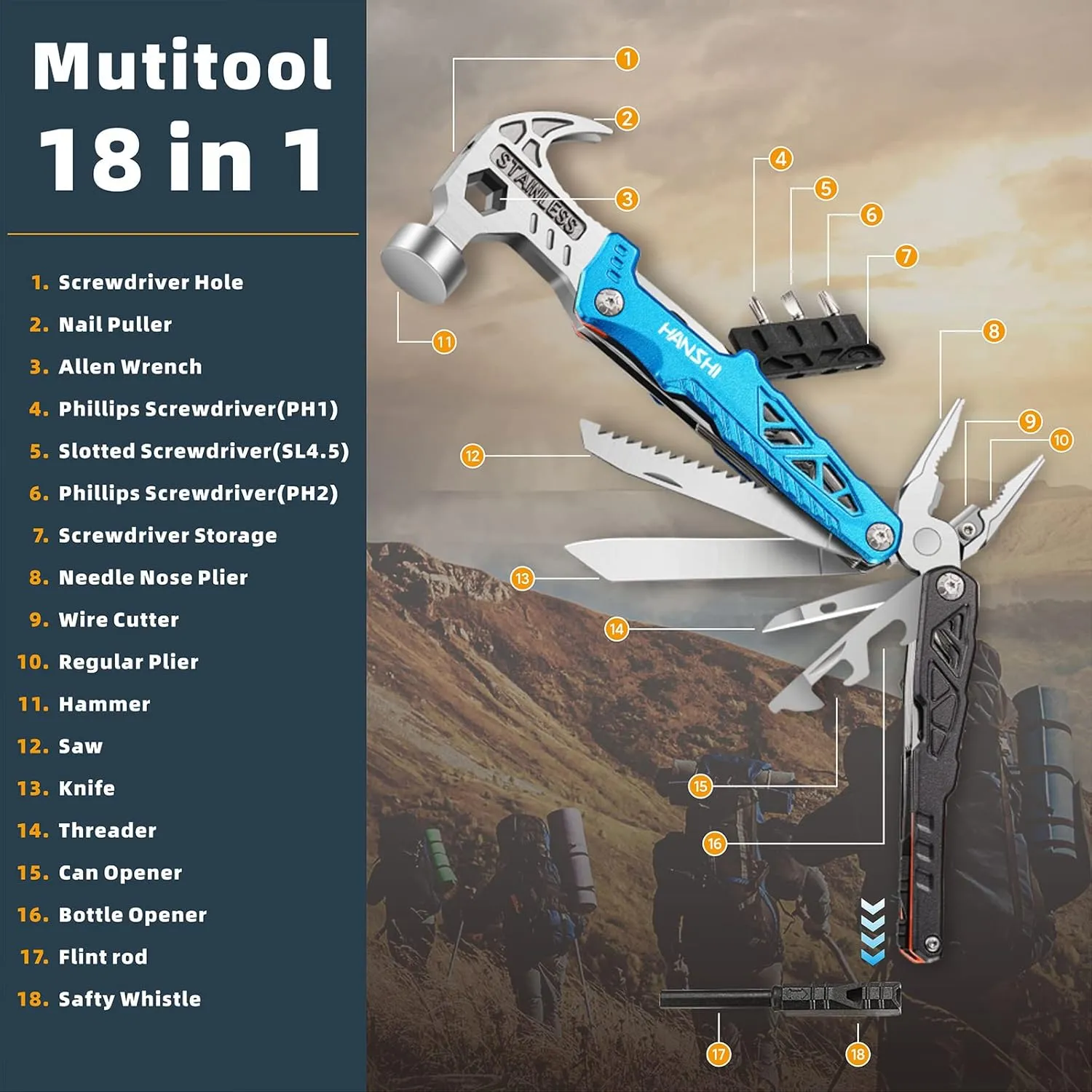 HANSHI Replaceable Wire Cutter Hammer Multitool with Nylon Sheath for Outdoor,Camping,Survival,Hiking,17 In 1 Pocket Multi Tool with Spring-Action Plier,Knife,Flint Rod,Safty Whistle for Gift