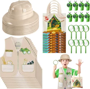 Haysandy 48 Pcs Kids Explorer Costume Set Safari Vests Hats Outfits Tote Bag Compass Whistle Magnifying Glass for Jungle Zoo Rainforest Adventurers Party