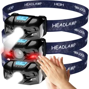 Headlamp Rechargeable, 3 Pack Motion Sensor LED Head Lamp Lightweight Work Light,Super Bright Head Lamp Flashlight 1000 Lumen with White&Red Light, 5 Modes& Waterproof Small Light for Camping Fishing
