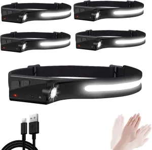 Headlamp Rechargeable 5PK, 230° Wide Angle, Motion Sensor Headlamp Flashlight, 2 COB 5 Modes Head Lamps Lightweight Waterproof for Running Camping Hiking Fishing Reading Working