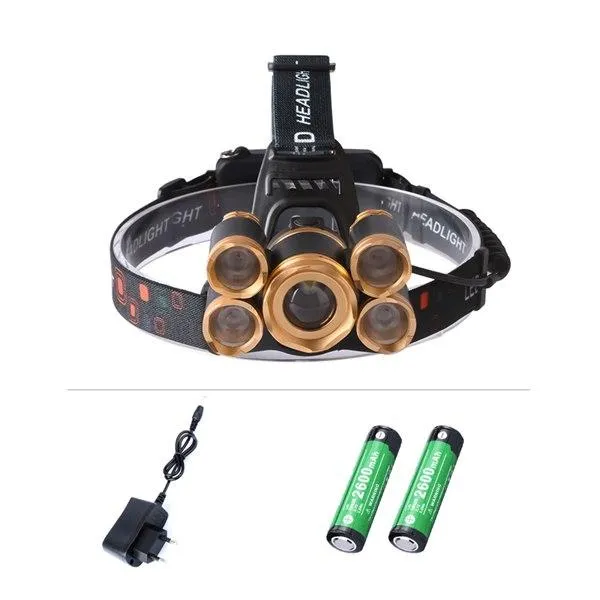 Headlamp Zoomable 10000LM Headlight Cree T6 5 LED waterproof Head Lamp 4 modes Strobe 2 18650 Battery for Hiking Direct Selling