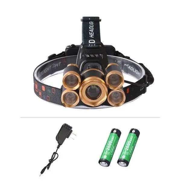 Headlamp Zoomable 10000LM Headlight Cree T6 5 LED waterproof Head Lamp 4 modes Strobe 2 18650 Battery for Hiking Direct Selling