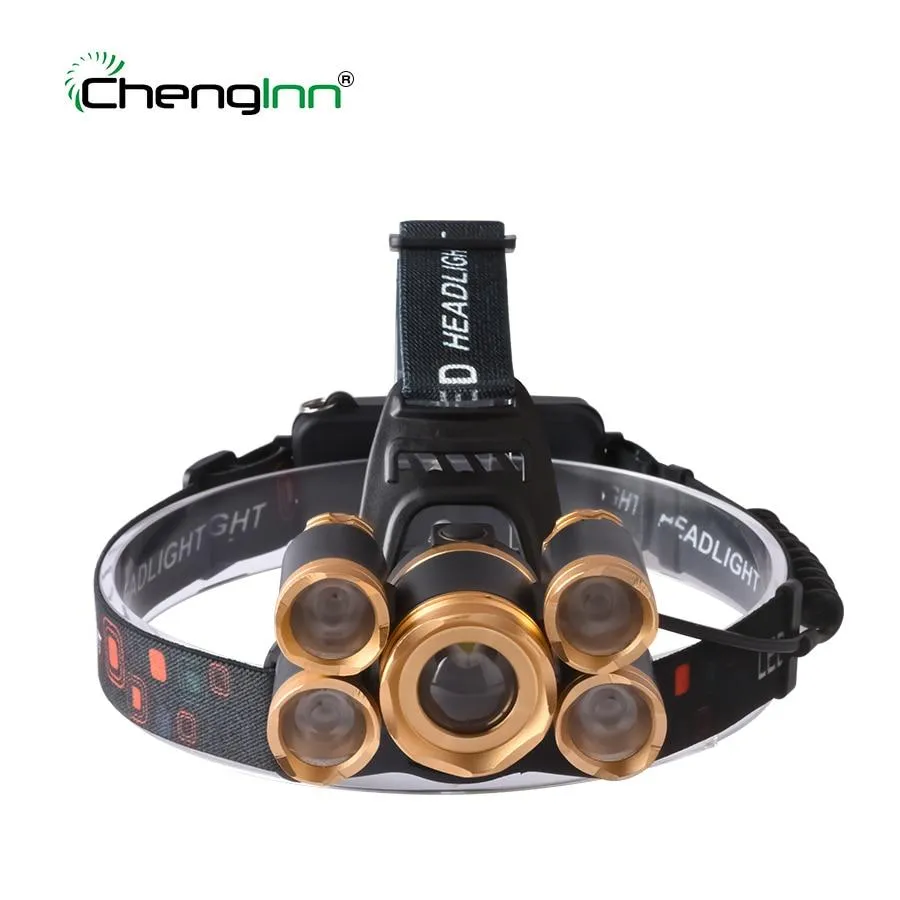 Headlamp Zoomable 10000LM Headlight Cree T6 5 LED waterproof Head Lamp 4 modes Strobe 2 18650 Battery for Hiking Direct Selling