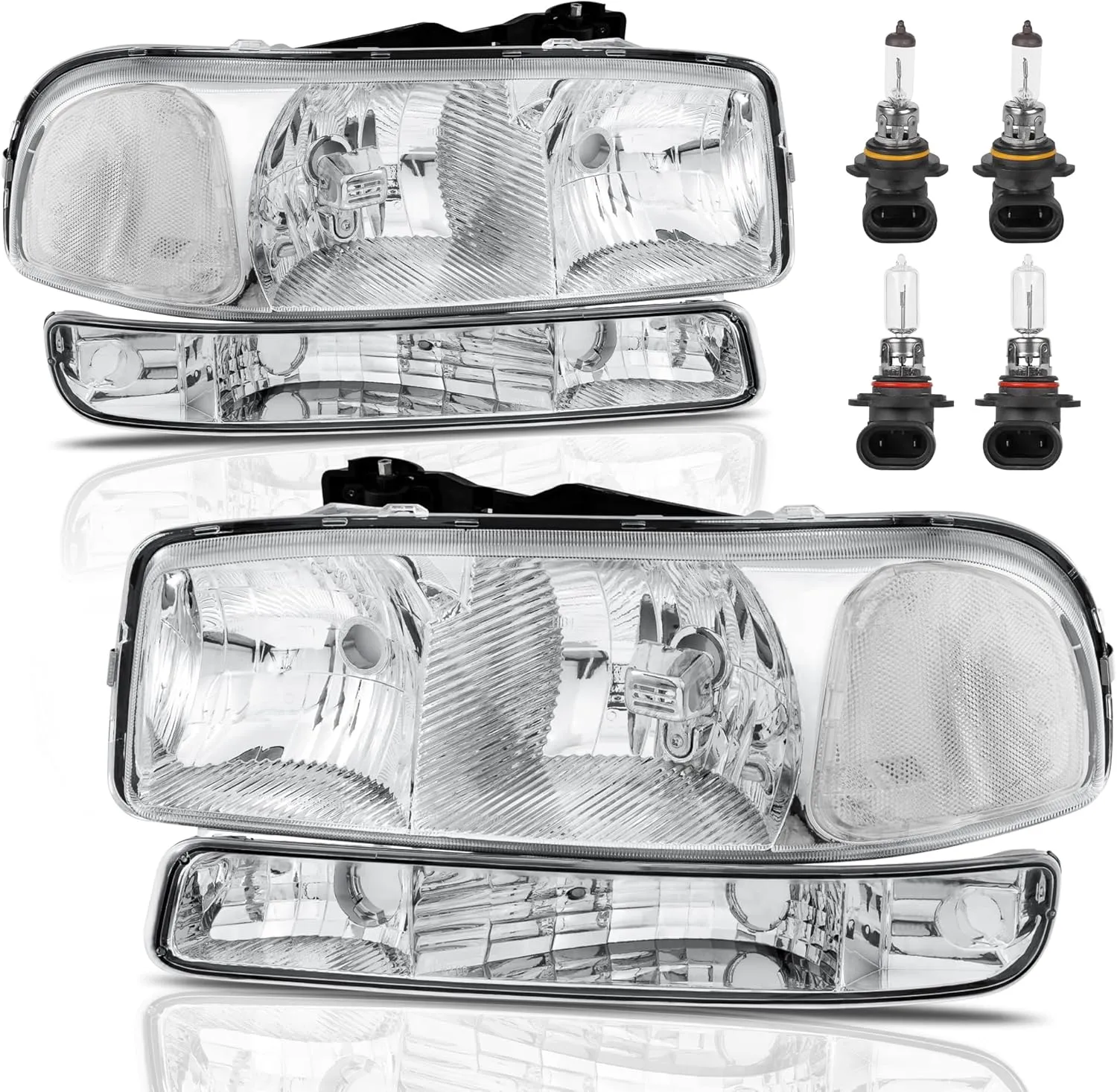 Headlight Assembly Front Lamp Compatible with 1999-2006 GMC Sierra 1500 2500, 2000-2006 GMC Yukon Headlamp w/Bulb Chrome Housing/Clear Lens/Clear Corner