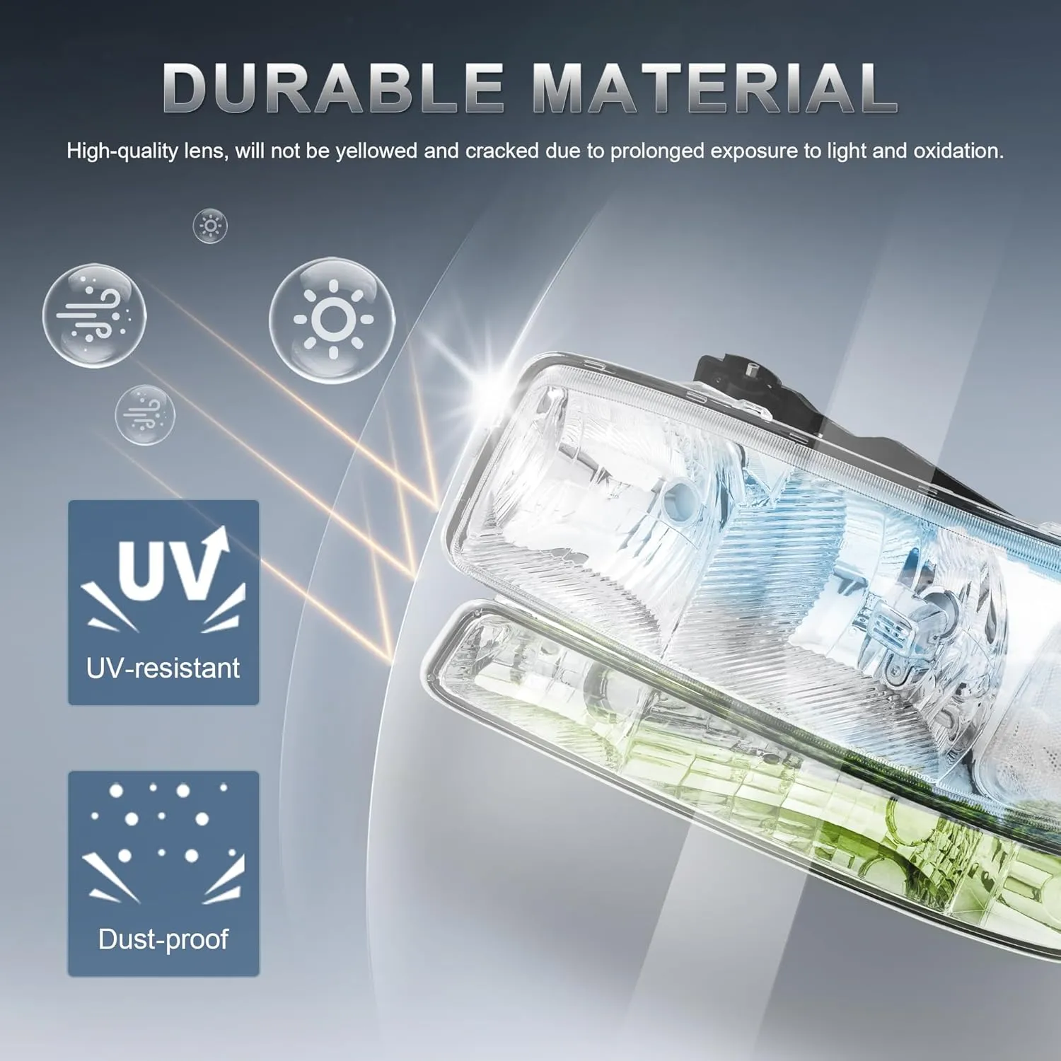 Headlight Assembly Front Lamp Compatible with 1999-2006 GMC Sierra 1500 2500, 2000-2006 GMC Yukon Headlamp w/Bulb Chrome Housing/Clear Lens/Clear Corner