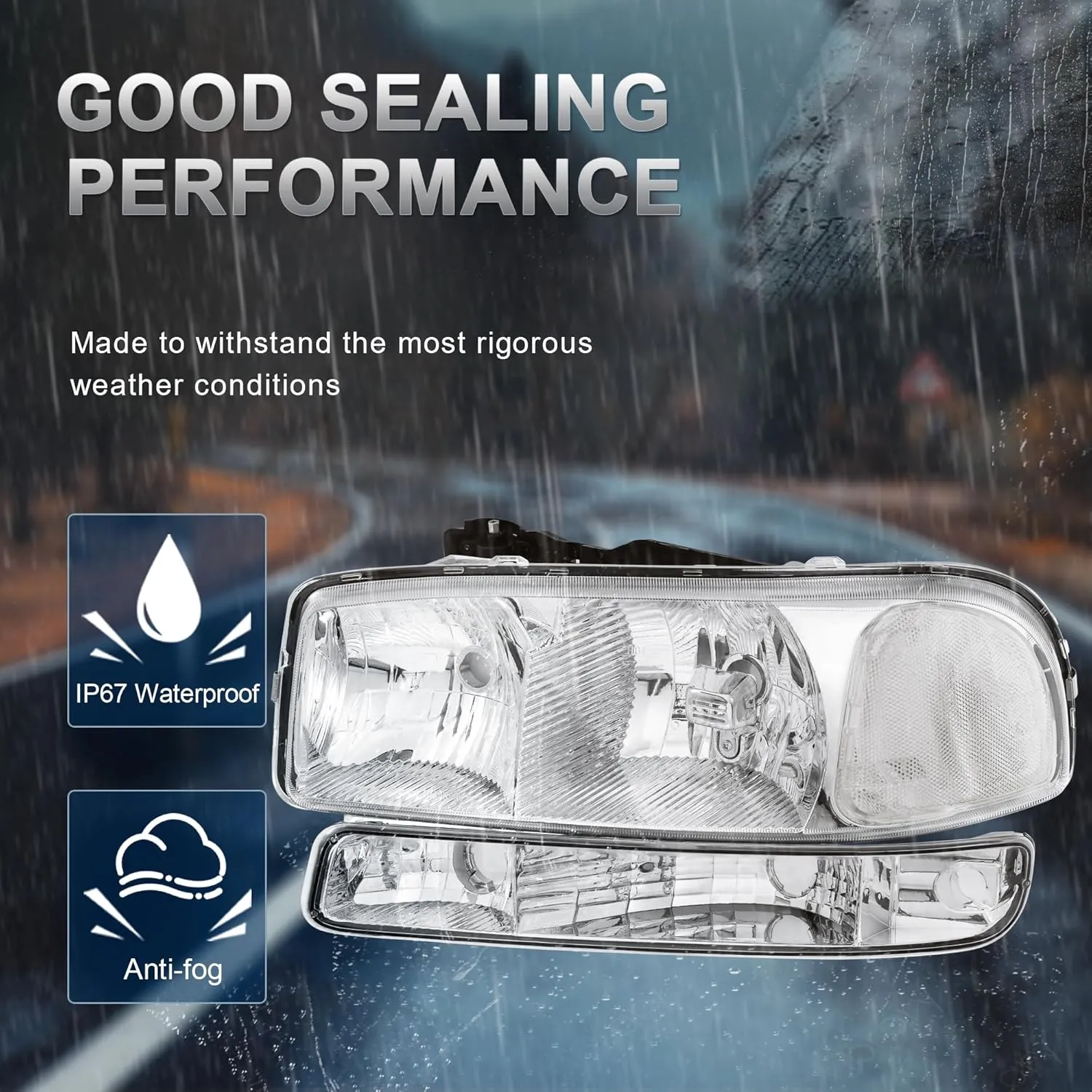 Headlight Assembly Front Lamp Compatible with 1999-2006 GMC Sierra 1500 2500, 2000-2006 GMC Yukon Headlamp w/Bulb Chrome Housing/Clear Lens/Clear Corner