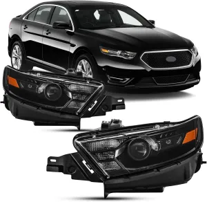 Headlights Assembly Compatible With 2013-2019 Ford Taurus Replacement Headlamp, Driver and Passenger Side, Pair Black Amber 13-19 Taurus Head Light