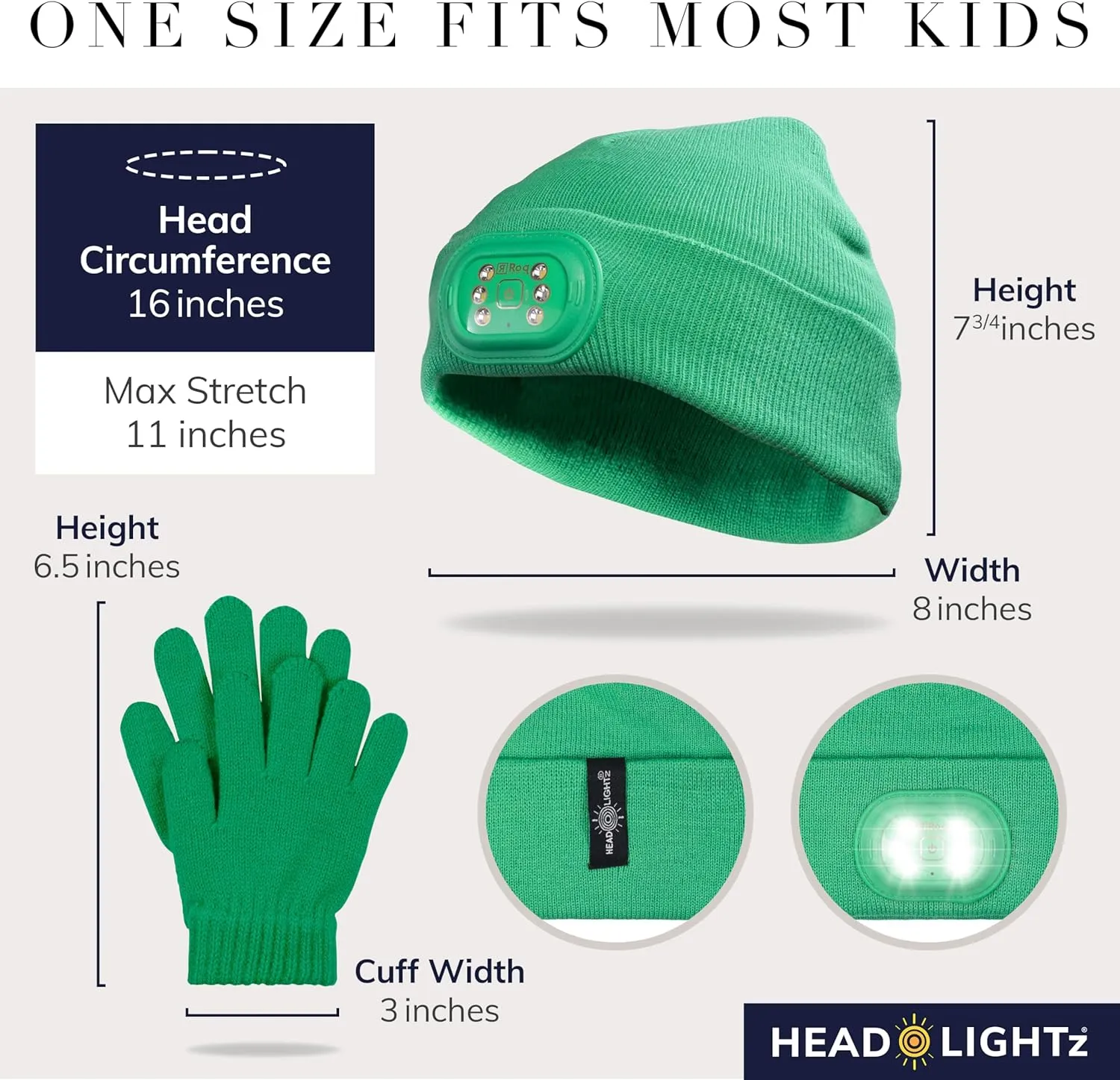 Headlightz by Roq Innovation - Kids Beanie with Light & Glove Set - Unisex LED Beanie Hat with Light Built in, Rechargeable