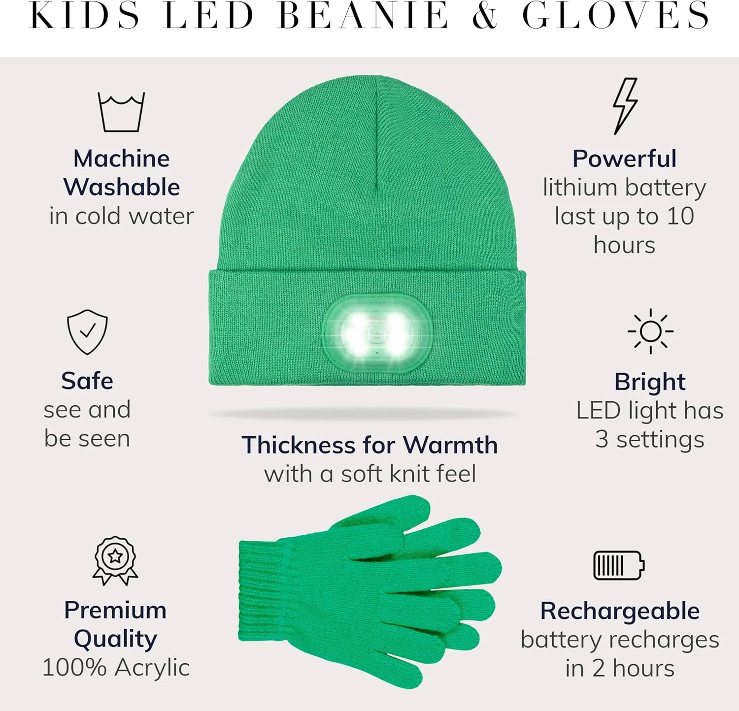 Headlightz by Roq Innovation - Kids Beanie with Light & Glove Set - Unisex LED Beanie Hat with Light Built in, Rechargeable