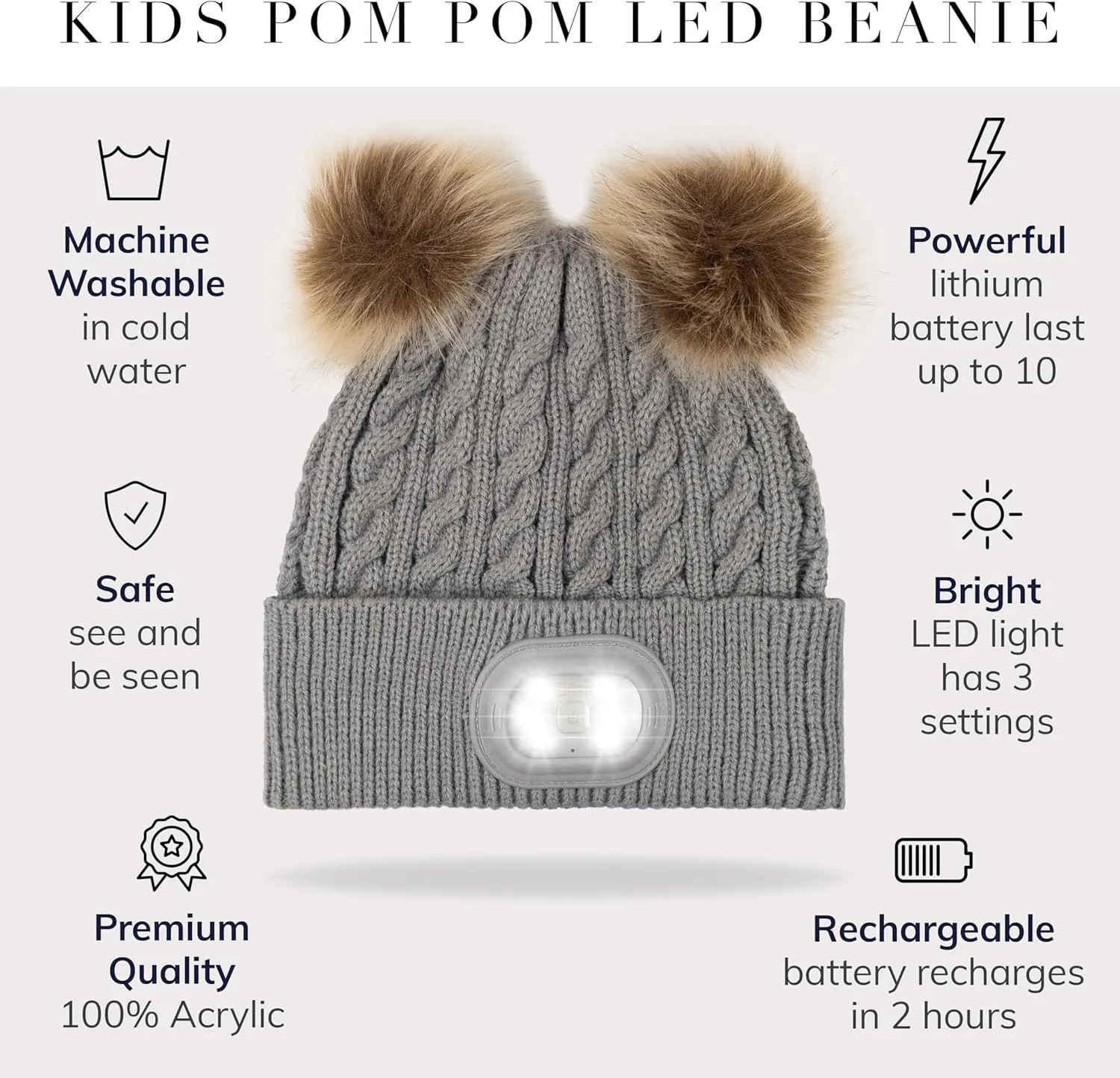 Headlightz by Roq Innovation - POM POM Beanie with Light, Unisex LED Beanie Hat with Light Built in, Rechargeable