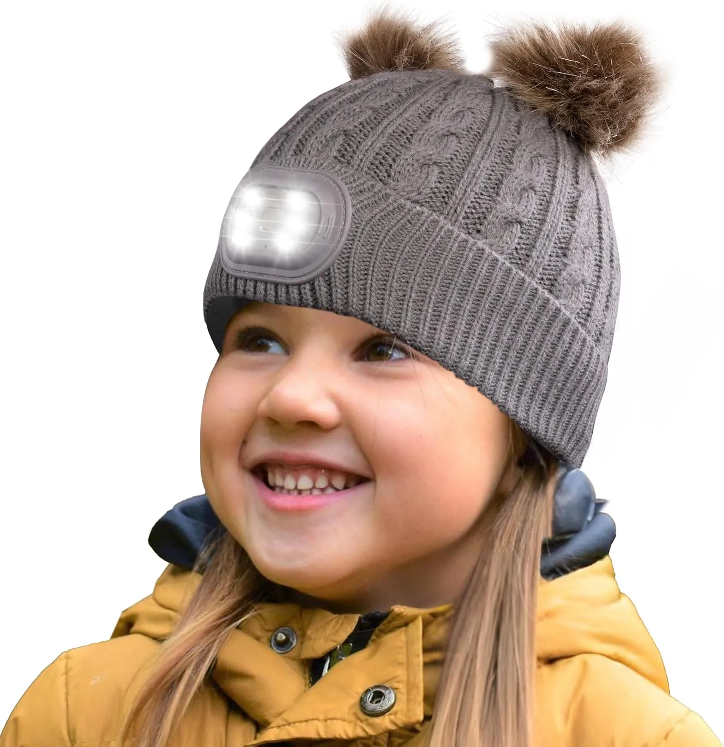 Headlightz by Roq Innovation - POM POM Beanie with Light, Unisex LED Beanie Hat with Light Built in, Rechargeable