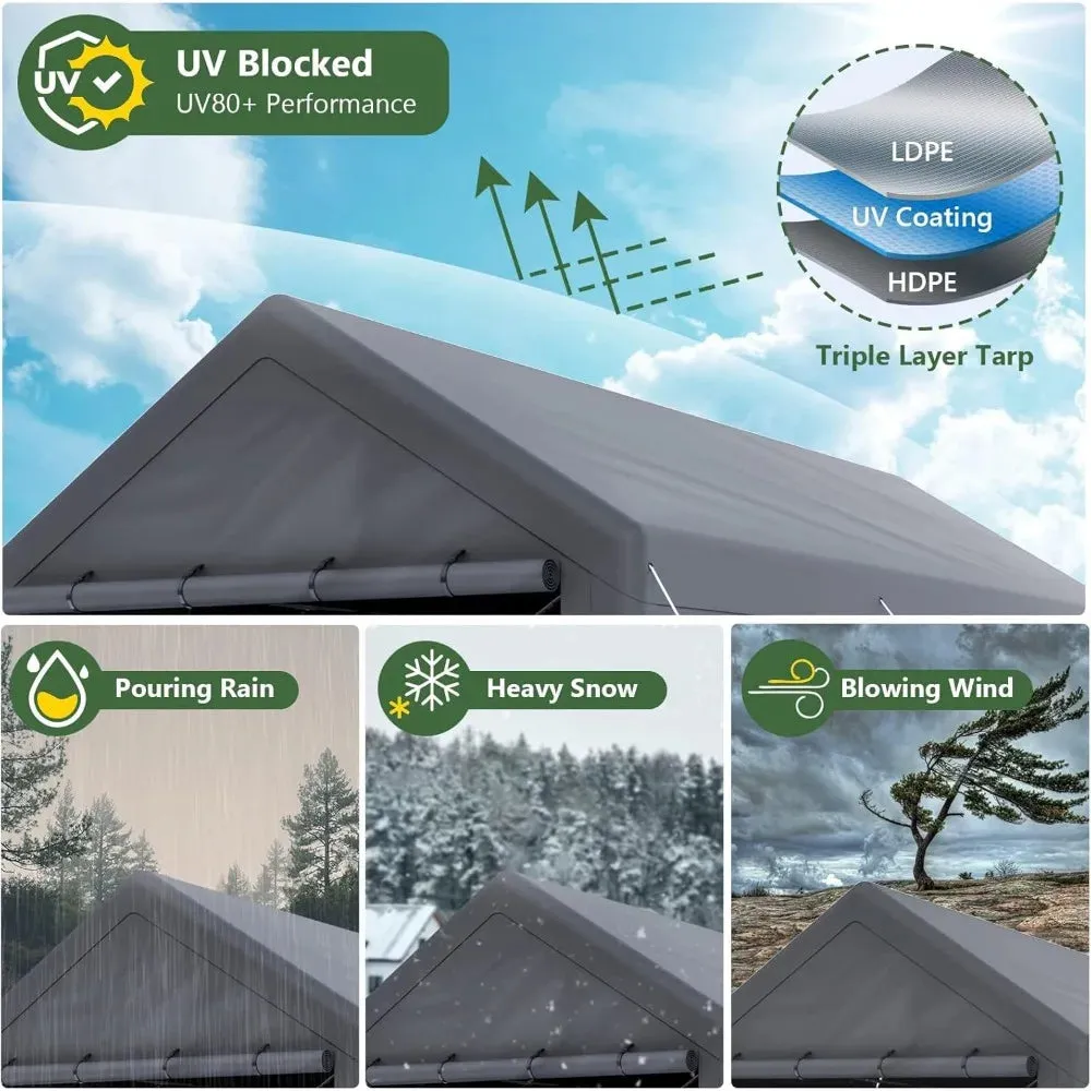 Heavy Duty Carport Steel Canopy Storage Shed 10x20 Ft w/ Sidewall & Doors (Gray)