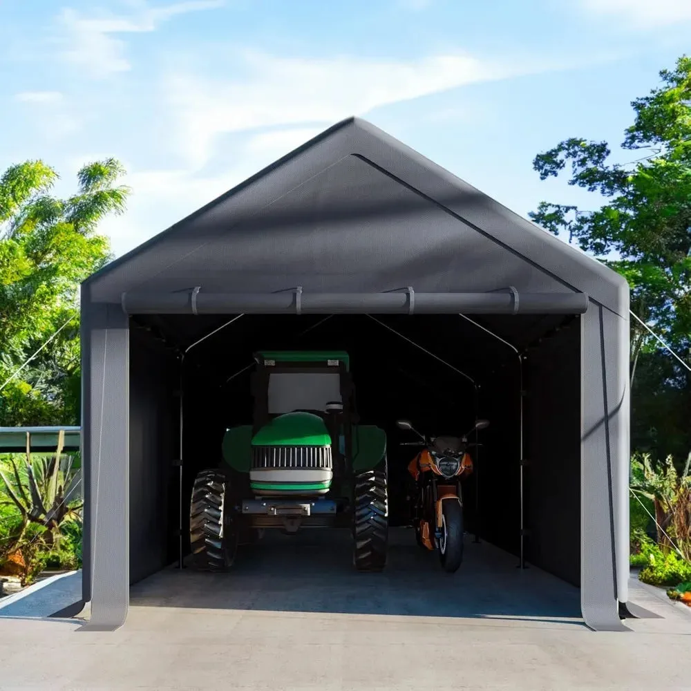 Heavy Duty Carport Steel Canopy Storage Shed 10x20 Ft w/ Sidewall & Doors (Gray)