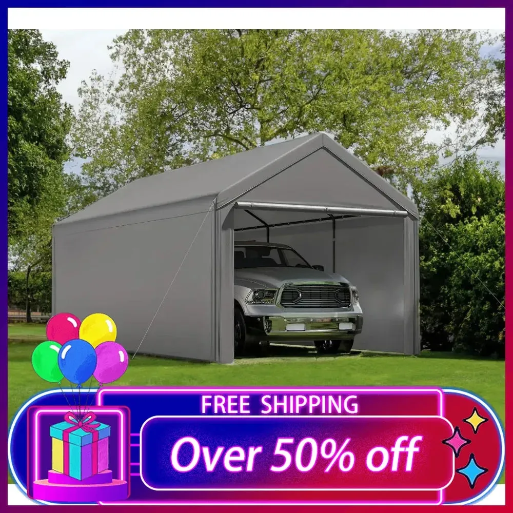 Heavy Duty Carport Steel Canopy Storage Shed 10x20 Ft w/ Sidewall & Doors (Gray)