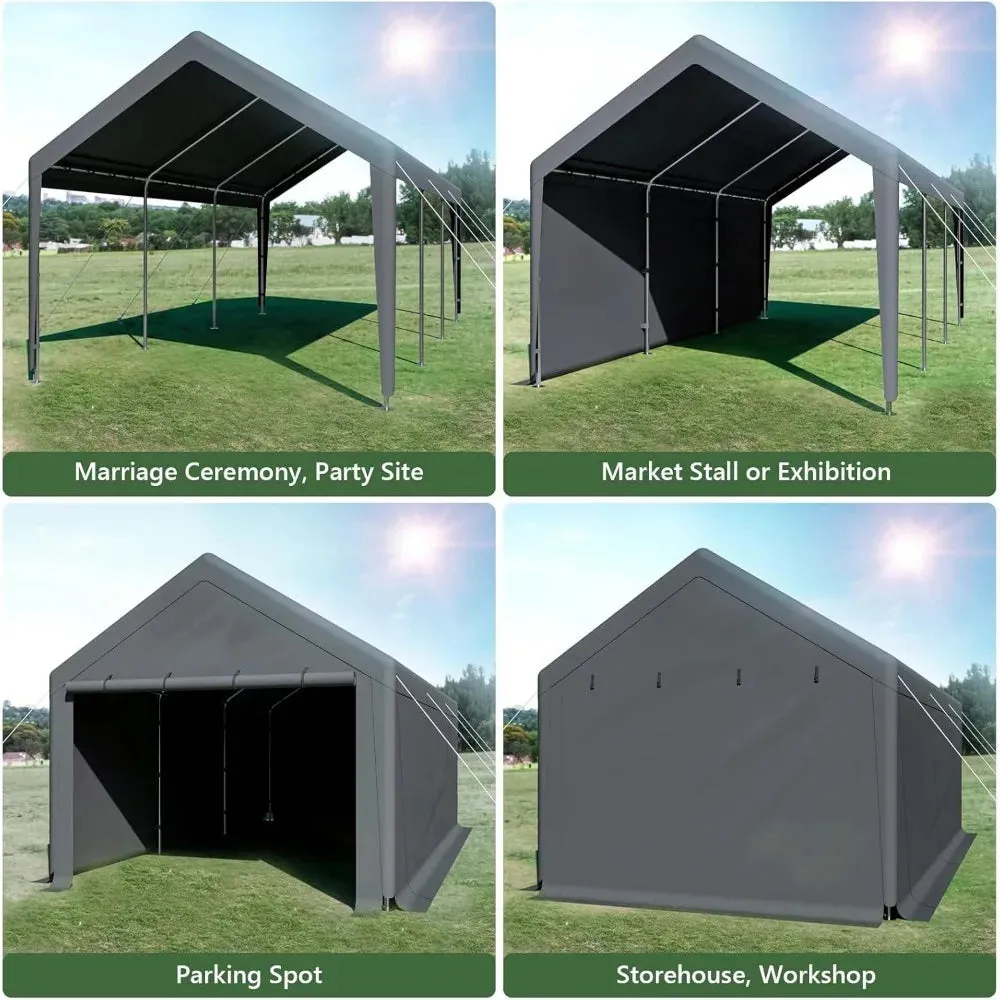 Heavy Duty Carport Steel Canopy Storage Shed 10x20 Ft w/ Sidewall & Doors (Gray)