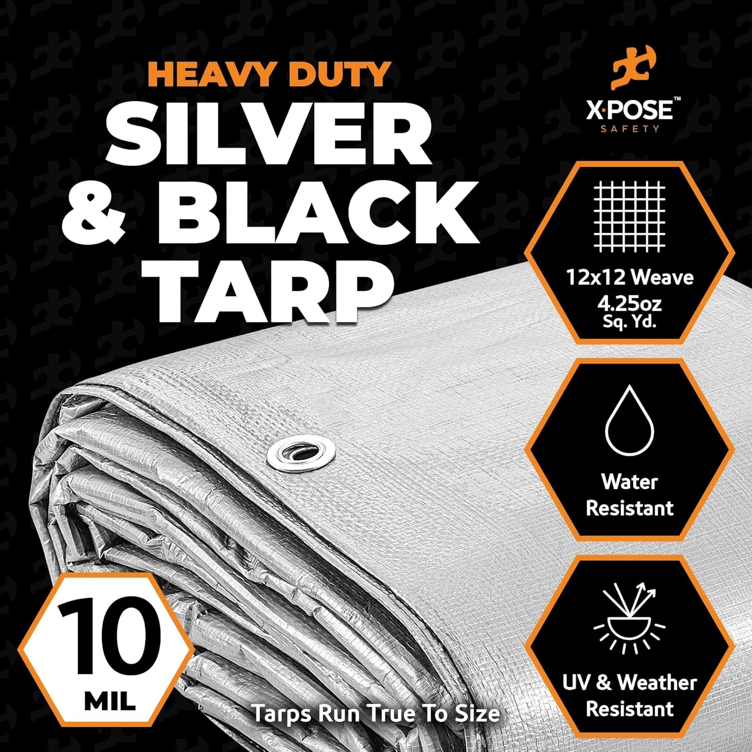 Heavy Duty Poly Tarp - 10' x 12' - 10 Mil Thick Waterproof, UV Blocking Protective Cover - Reversible Silver and Black - Laminated Coating - Grommets - by Xpose Safety