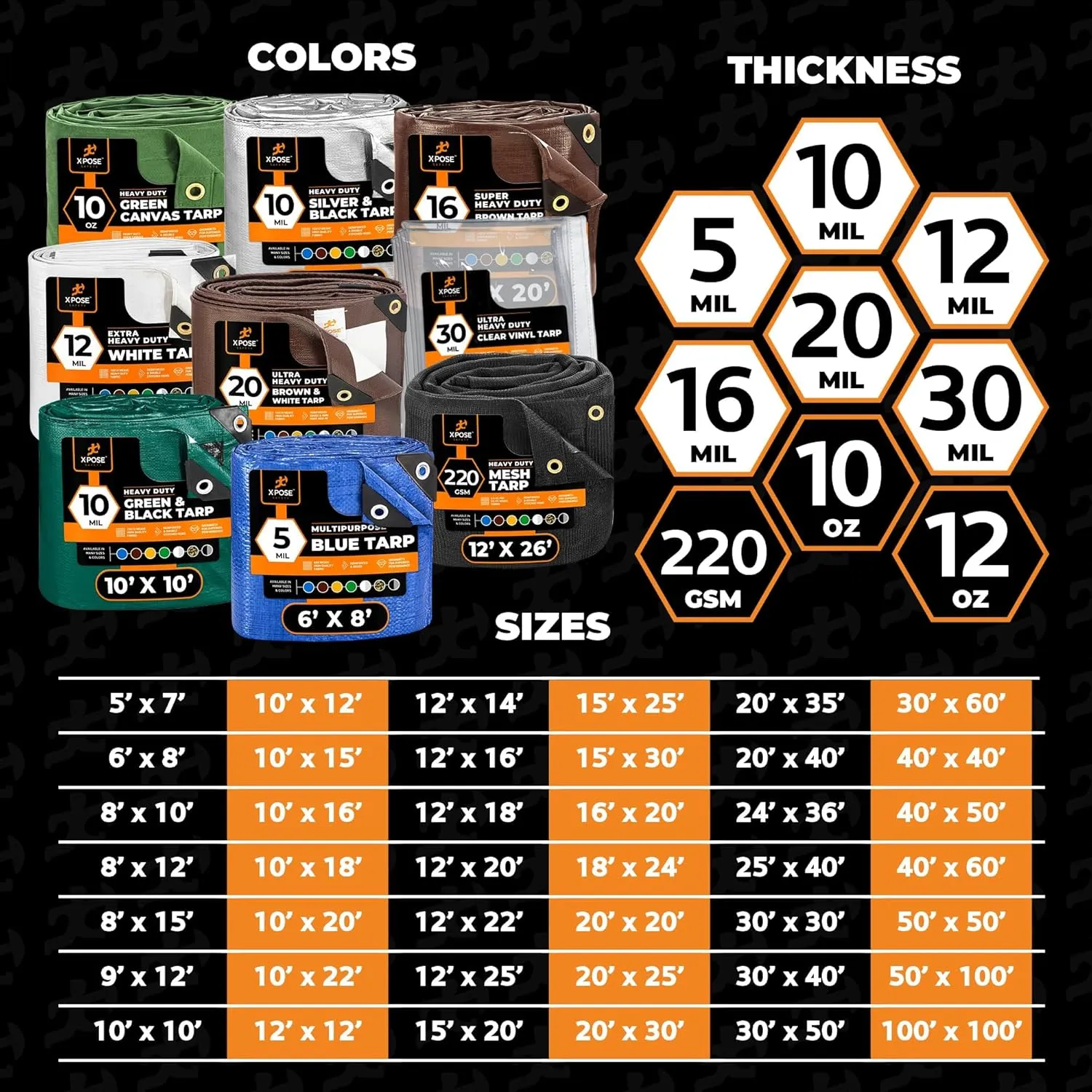Heavy Duty Poly Tarp - 10' x 12' - 10 Mil Thick Waterproof, UV Blocking Protective Cover - Reversible Silver and Black - Laminated Coating - Grommets - by Xpose Safety