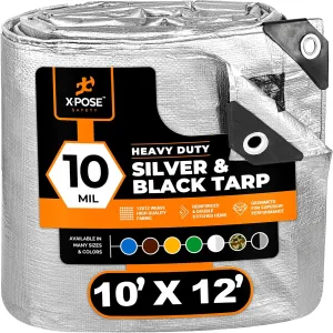 Heavy Duty Poly Tarp - 10' x 12' - 10 Mil Thick Waterproof, UV Blocking Protective Cover - Reversible Silver and Black - Laminated Coating - Grommets - by Xpose Safety