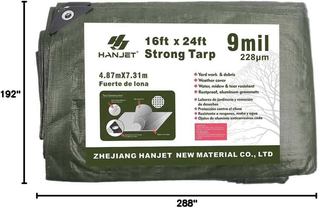 Heavy Duty Tarp 16' x 24' 9-mil Waterproof Poly Reinforced Tarp Cover Tent Shelter Camping Tarpaulin with Grommets Forest Green