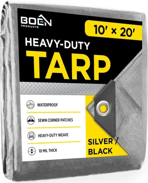 Heavy Duty Tarp Waterproof Large Cover |Silver/Black, 10' x 20' 10 Mil Thick | Rip Proof Tarps | Thick Weave Material, UV Resistant Great for Tarpaulin Canopy Tent, Boat, RV or Pool Cover