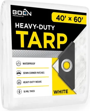Heavy Duty Tarp Waterproof Large Cover |White, 40' x 60' 10 Mil Thick | Rip Proof Tarps | Thick Weave Material, UV Resistant Great for Tarpaulin Canopy Tent, Boat, RV or Pool Cover