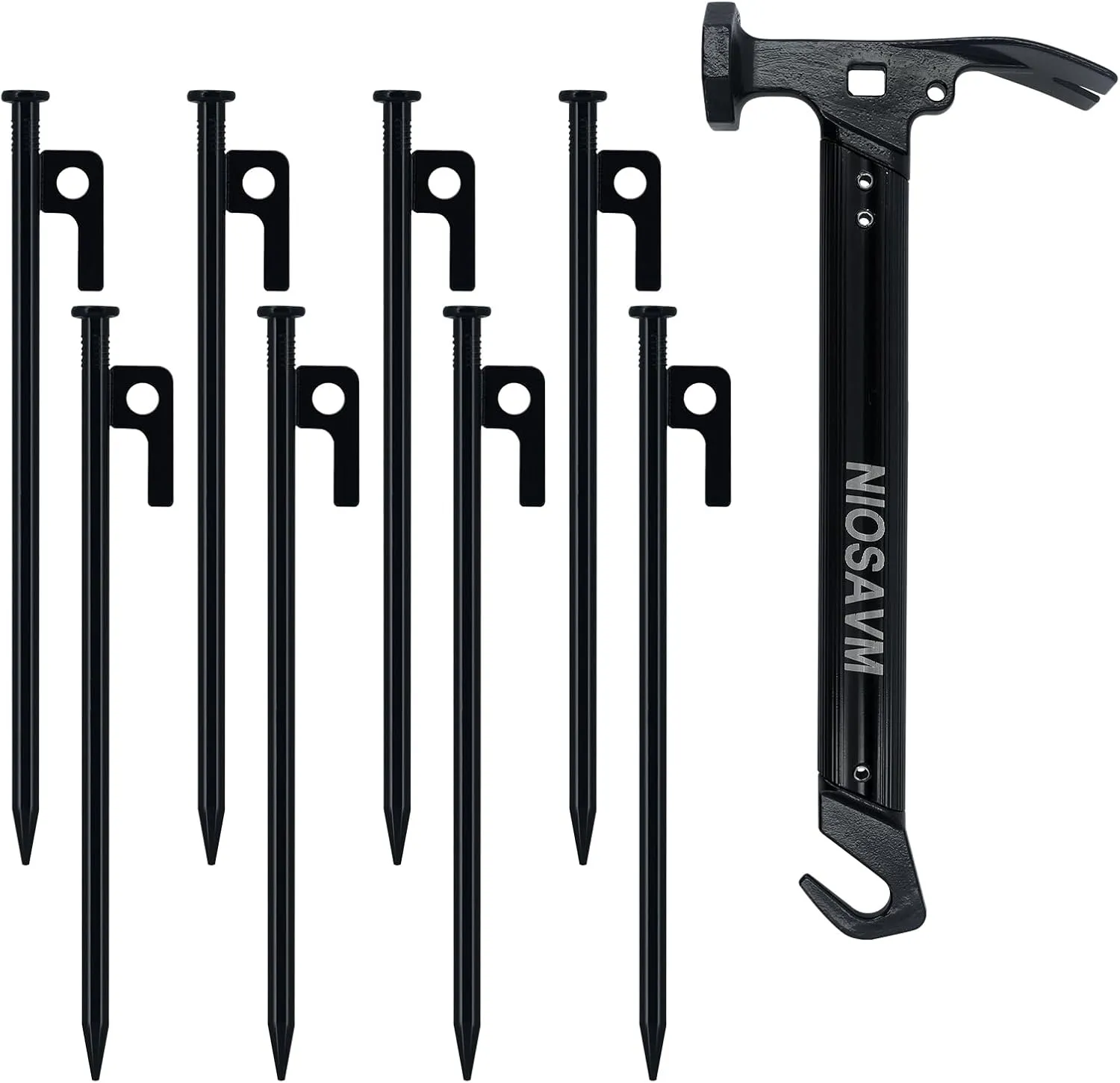 Heavy Duty Tent Stakes with Hammer - 8pcs 9.8" Carbon Steel Camping Stakes & 11" Mallet, Windproof Stakes for Beach/Rocky Ground, Includes Storage Bag & Anti-Rust Protective Caps