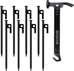 Heavy Duty Tent Stakes with Hammer - 8pcs 9.8" Carbon Steel Camping Stakes & 11" Mallet, Windproof Stakes for Beach/Rocky Ground, Includes Storage Bag & Anti-Rust Protective Caps