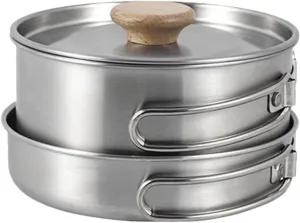 Hemoton Stainless Steel Folding Handle Pot Camping Cookware Multi-Function Pan Outdoor Cooking Utensil Set