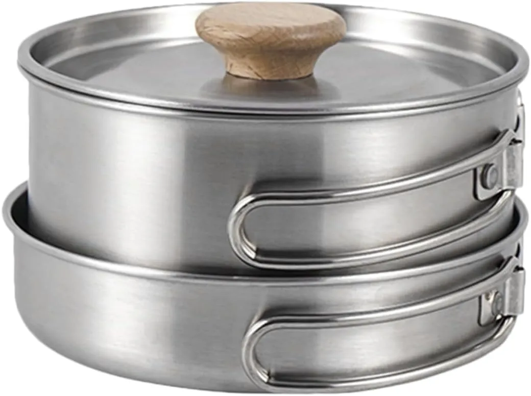 Hemoton Stainless Steel Folding Handle Pot Camping Cookware Multi-Function Pan Outdoor Cooking Utensil Set