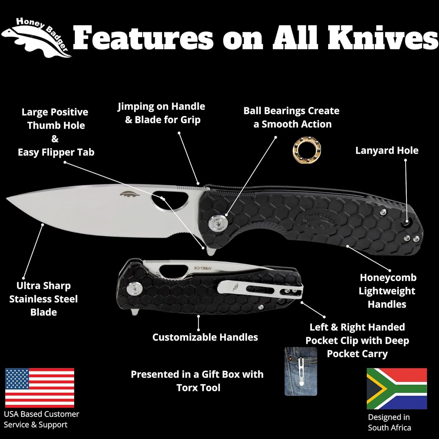 Honey Badger Large Pocket Knife EDC Drop Point Folding Utility Knife 3.6" Steel Blade Reversible Pocket Clip - (3.8oz) Drop Point Large Tan D2 HB1010