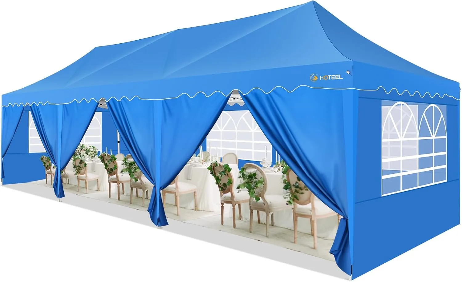 HOTEEL 10x30 Party Tent, Wheeled Bag & Curled Edge & 4 Weights Bags, UPF 50  Waterproof Windproof Wedding Tents for Parties Gazebo, Blue
