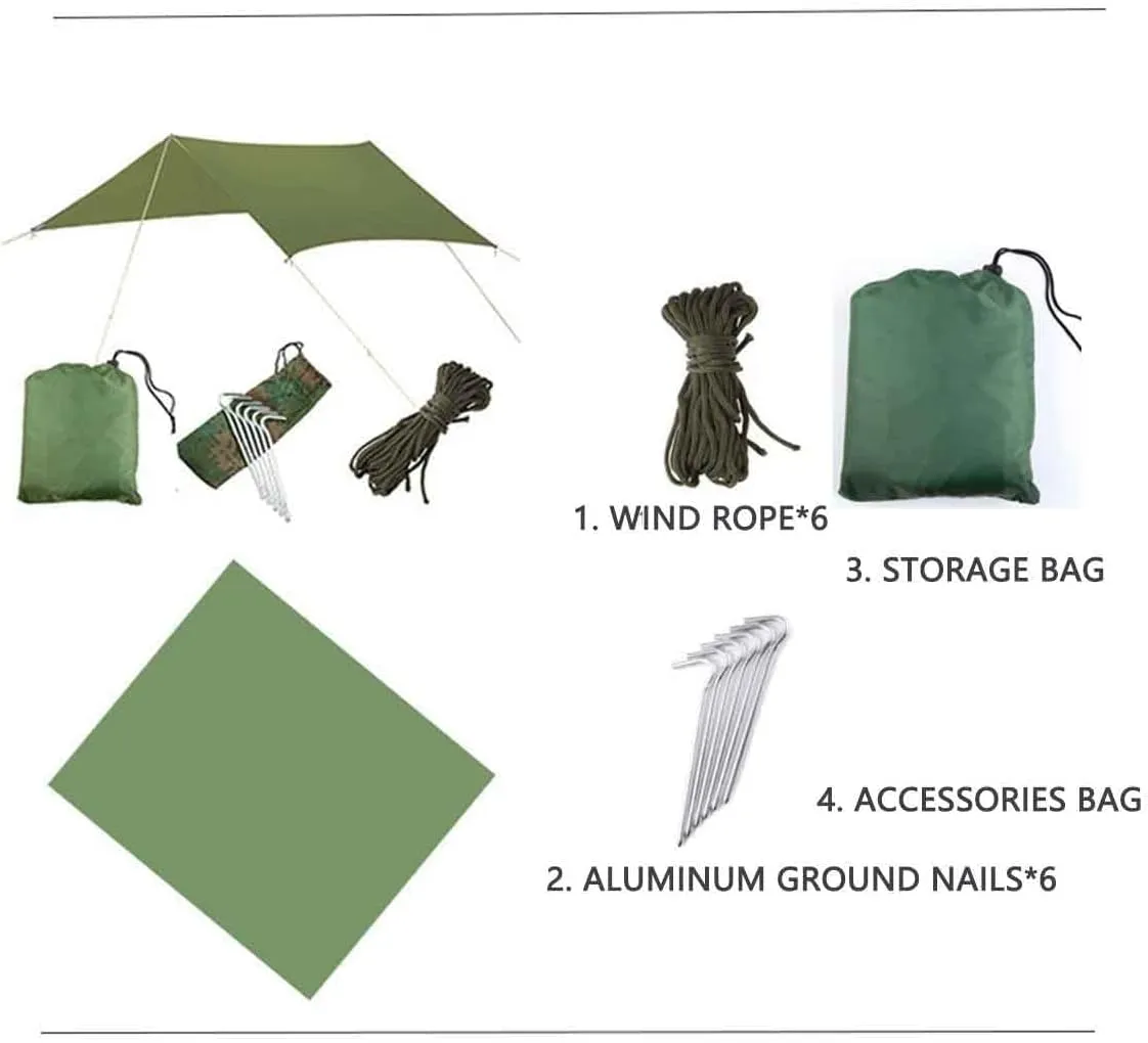 HOTRA Camping Tent Plane Tarp for Hammock Waterproof Lightweight Compact Tent Pick Picnic Cover Hammock Reuser (Color : Green, Size : 3 * 3m)