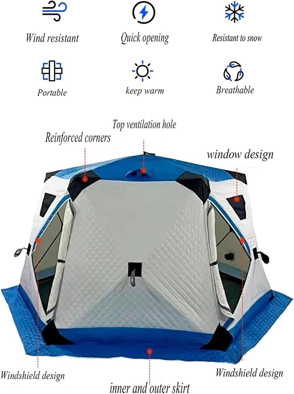 ice Fishing Tent ice Fishing shelter Insulated Hexagonal Winter Fishing Tent, Thickened to Keep Warm, Cold and Rainproof, with Firewood Heater and Chimney Opening(Color:1)