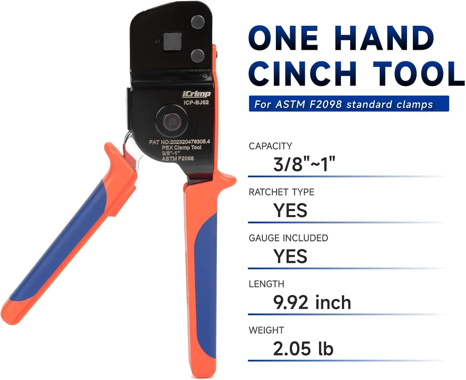 iCrimp One-Hand PEX Pipe Cinch Tool meet ASTM F2098 Standard clamps, Crimping Tool for 3/8-1 inch Clamp Rings