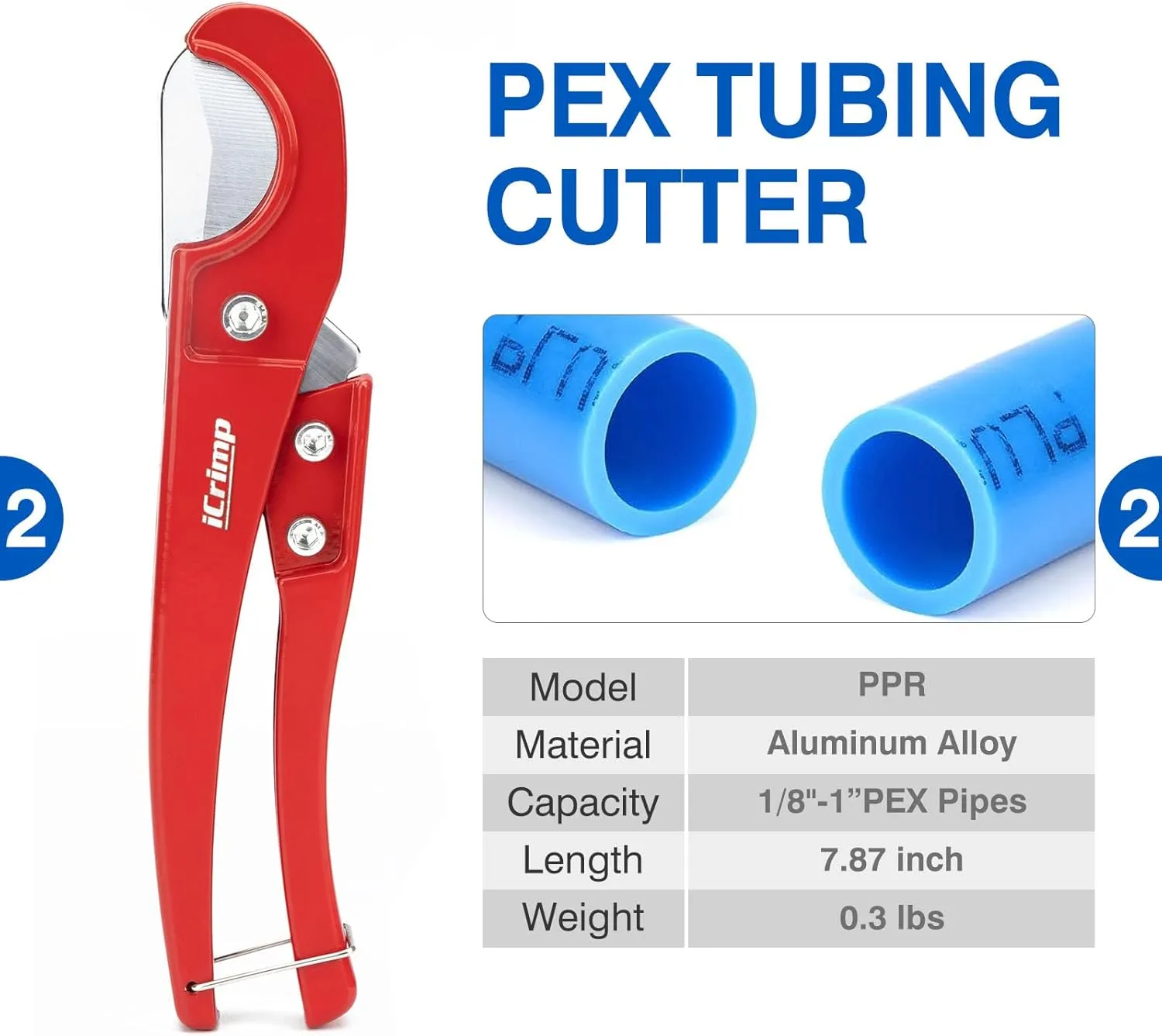 iCrimp PEX Clamp Tool Kit for 3/8-in, 1/2-in, 3/4-in, 1-in PEX Clamp Cinch & Removal, c/w 1/2''(20 Pack) and 3/4''(10 Pack) PEX Clamp Rings, PEX Tubing Cutter