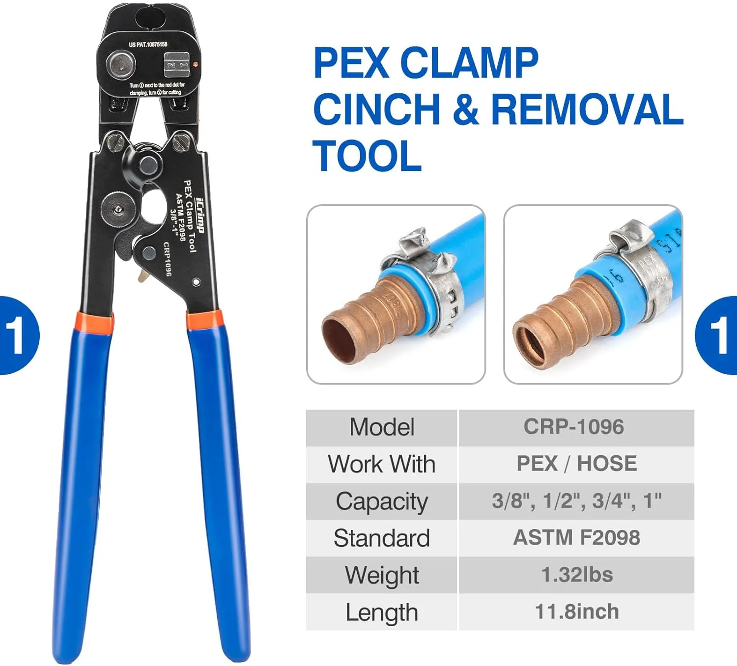 iCrimp PEX Clamp Tool Kit for 3/8-in, 1/2-in, 3/4-in, 1-in PEX Clamp Cinch & Removal, c/w 1/2''(20 Pack) and 3/4''(10 Pack) PEX Clamp Rings, PEX Tubing Cutter