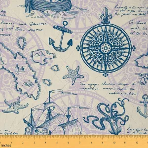 jejeloiu Ocean Nautical Outdoor Fabric by The Yard, Vintage Anchor Compass Sailboat Map Upholstery Fabric for Chairs, Marine Sea Adventure Decorative Fabric for Home DIY Projects, 3 Yards, Indigo
