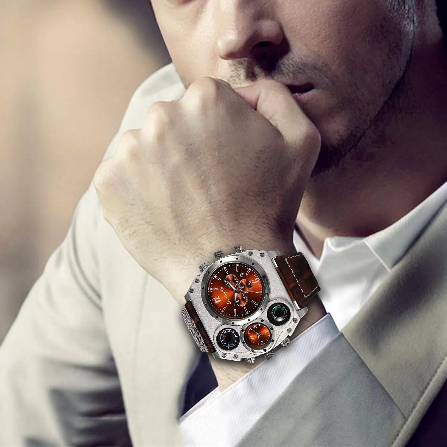 JewelryWe Military Watch for Men 2 Time Zone Big Quartz Watch Mens Leather Wrist Watch Cool Casual Sports Wirstwatch