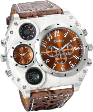 JewelryWe Military Watch for Men 2 Time Zone Big Quartz Watch Mens Leather Wrist Watch Cool Casual Sports Wirstwatch
