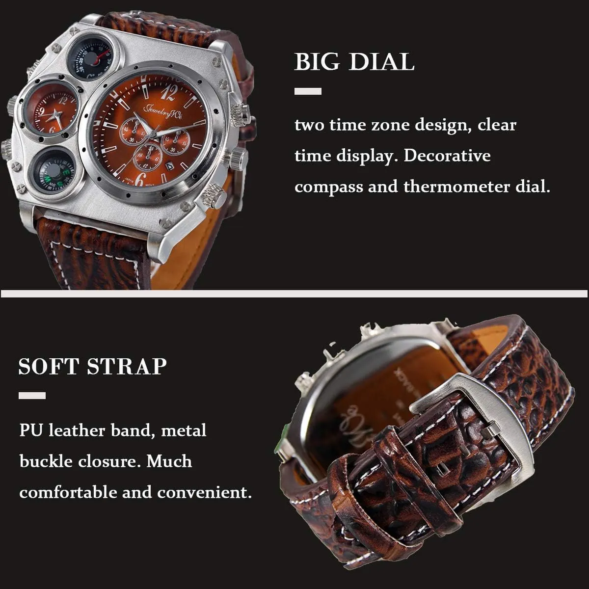 JewelryWe Military Watch for Men 2 Time Zone Big Quartz Watch Mens Leather Wrist Watch Cool Casual Sports Wirstwatch