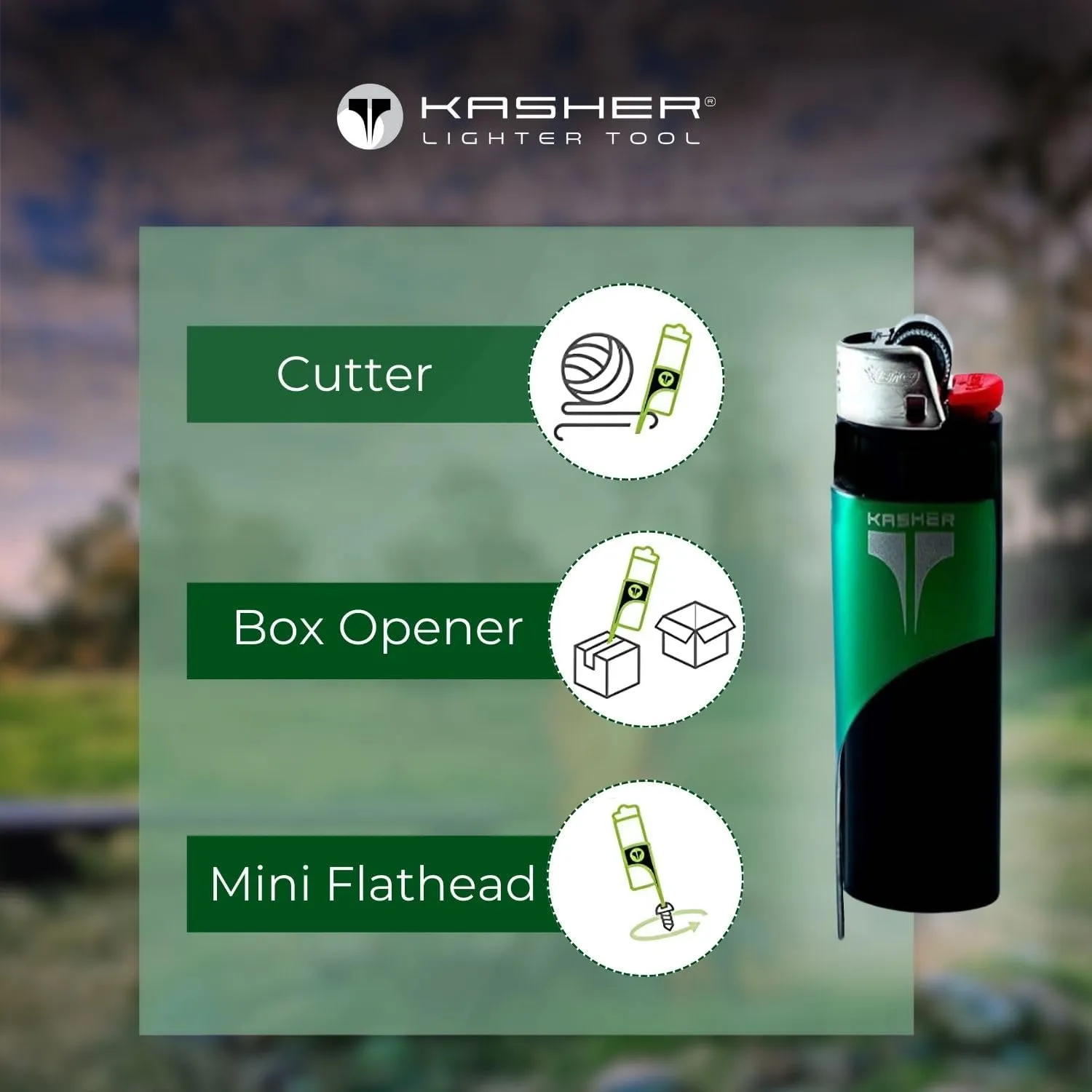 Kasher Classic Lighter Tool - Stainless Steel, Lightweight, Durable, Portable - Fits Any Lighter - Usage as Cutter - 0.8mm Thick - Pack of 3 (Green)