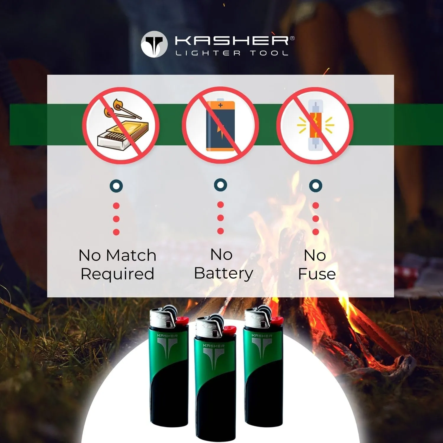 Kasher Classic Lighter Tool - Stainless Steel, Lightweight, Durable, Portable - Fits Any Lighter - Usage as Cutter - 0.8mm Thick - Pack of 3 (Green)