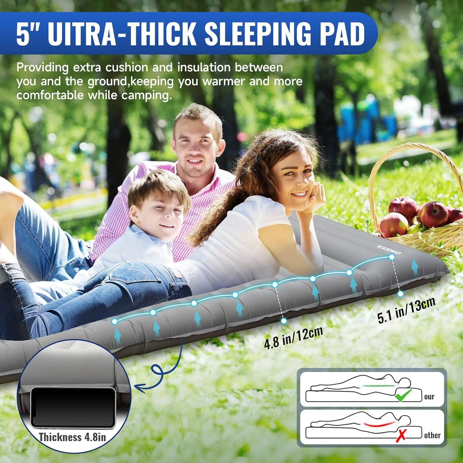 KASIMO Double Sleeping Pad for Camping,5" Ultra-Thick 1.4x2M for 2 Person with Pillow Built-in Foot Pump Inflatable Sleeping Mat for Backpacking, Hiking, Traveling, Tent, Portable Camping Mat
