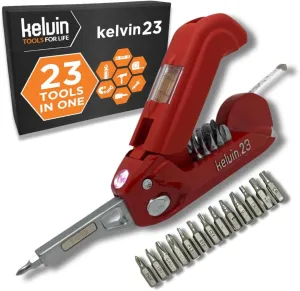 Kelvin Tools Kelvin 23 Urban Multi Tool Screwdriver Set All in One with 16 Bit Set, Tape Measure, Liquid Level, Hammer, Flashlight Multibit Pocket Screwdriver, Universal Precision Screwdriver - Red