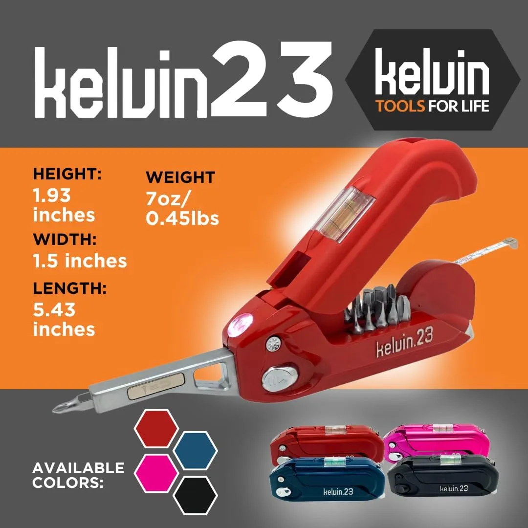 Kelvin Tools Kelvin 23 Urban Multi Tool Screwdriver Set All in One with 16 Bit Set, Tape Measure, Liquid Level, Hammer, Flashlight Multibit Pocket Screwdriver, Universal Precision Screwdriver - Red